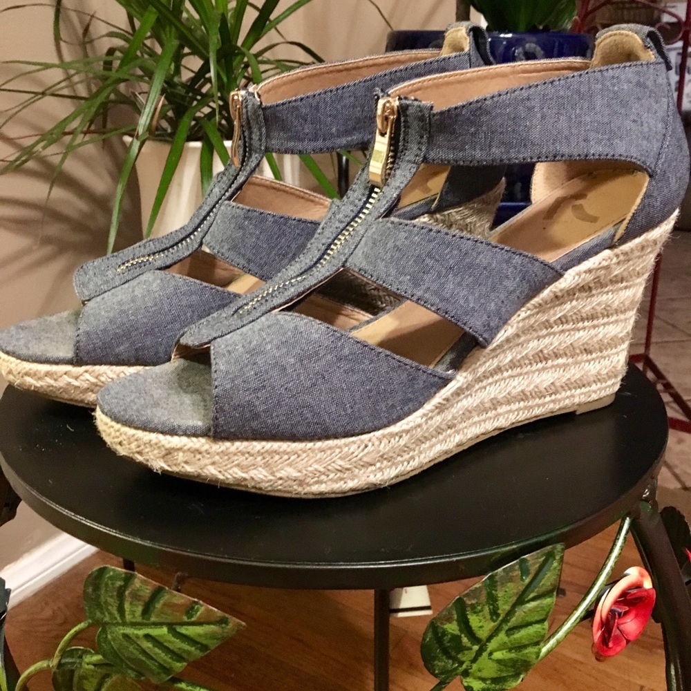Caged Denim Zipper Front Espadrilles Wedges